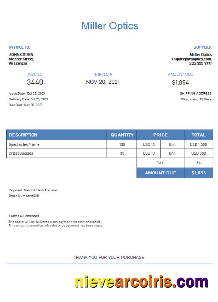 USA Miller Optics invoice